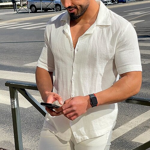 

Men's Shirt Striped Solid Color Turndown Street Casual Button-Down Short Sleeve Tops Casual Fashion Streetwear Cool White