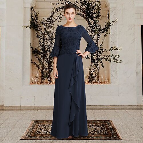 

A tubino Abito da cerimonia per signora Taglia forte Elegante Con decorazione gioiello Lungo Chiffon Di pizzo Mezza manica con Lustrini Con applique 2023