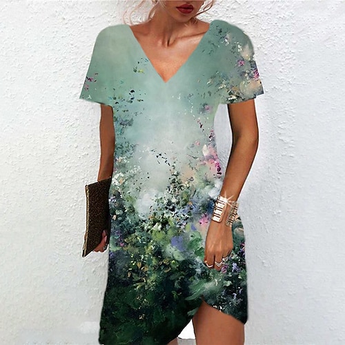 

Women's A Line Dress Short Mini Dress Green Short Sleeve Floral Print Spring Summer V Neck Casual Vacation 2022 S M L XL XXL 3XL