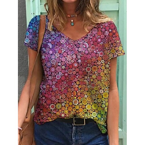 

Women's Floral Theme T shirt Graphic Print V Neck Basic Tops Green Purple Red / 3D Print