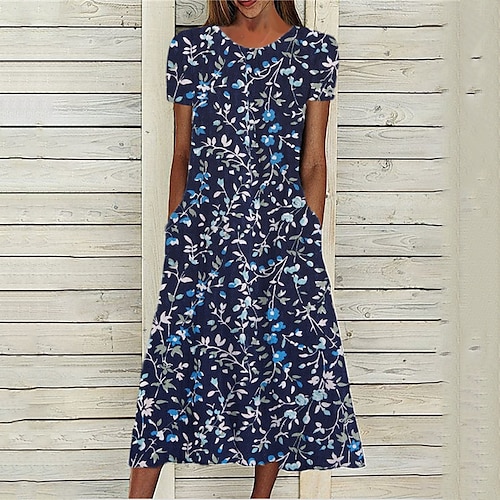 

Women's Casual Dress Midi Dress Navy Blue Short Sleeve Floral Pocket Spring Summer Crew Neck Modern 2022 S M L XL XXL 3XL