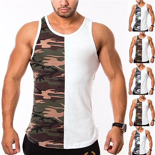 

Men's Tank Top Vest Graphic Color Block Camo / Camouflage Crew Neck Casual Daily Print Sleeveless Tops Lightweight Fashion Big and Tall Sports Gray Army Green