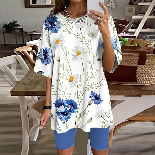 

Women's Loungewear Sets Nighty 2 Pieces Flower Comfort Sweet Home Daily Polyester Crew Neck Half Sleeve Spring Summer Blue