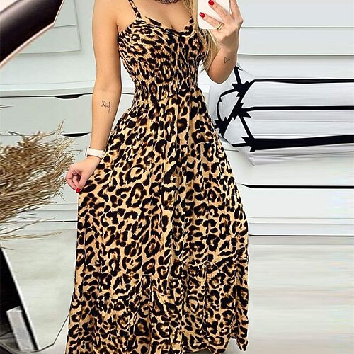 

Women's A Line Dress Midi Dress Yellow Sleeveless Leopard Print Spring Summer Spaghetti Strap Casual Vacation 2022 S M L XL