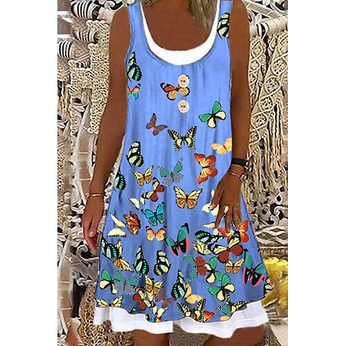 

Women's Shift Dress Knee Length Dress Black Yellow Light Blue Sleeveless Butterfly Fake two piece Print Spring Summer Crew Neck Stylish Casual 2022 S M XL XXL 3XL
