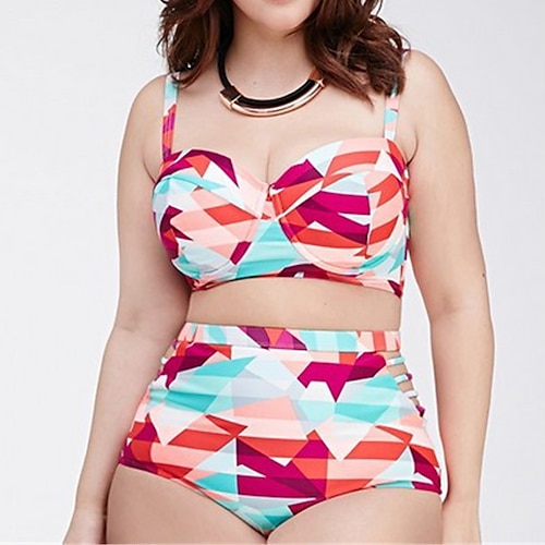 

Mulheres Roupa de Banho Biquíni 2 partes Tamanho Grande roupa de banho Sem costas Estampado Geométrica Arco-íris Com Alças Fatos de banho Sensual Férias Moda / Moderno / novo / Com Bojo