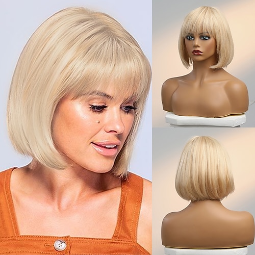 

Human Hair Blend Wig Short Straight Natural Straight Bob Layered Haircut Neat Bang With Bangs Blonde Black Cosplay Curler & straightener Natural Hairline Capless Burmese Hair Women's All Beige Blonde