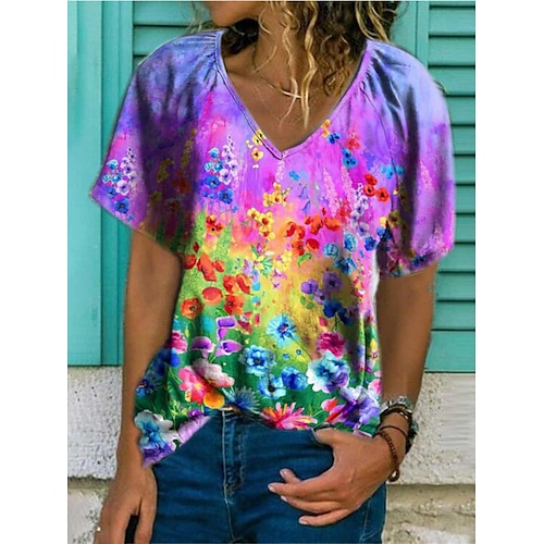 

Women's T shirt Tee Rainbow Graphic Plants Patchwork Print Short Sleeve Home Casual Boho Hawaiian Beach V Neck Regular Floral Geometric Painting S