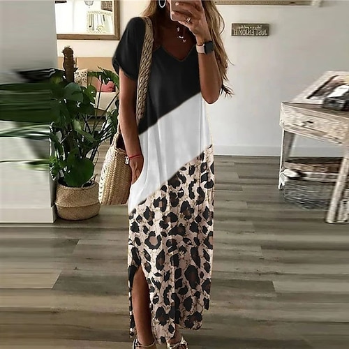 

Women's Shift Dress Maxi long Dress Black Short Sleeve Striped Leopard Split Print Spring Summer V Neck Casual 2022 S M L XL XXL 3XL