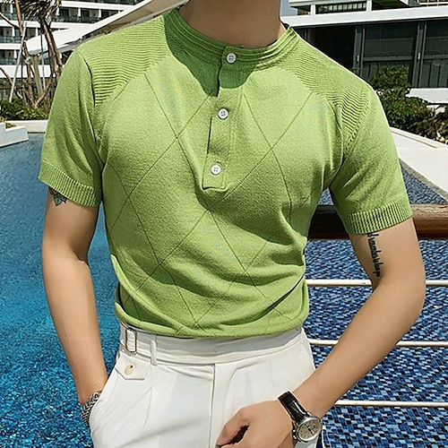 

Men's Collar Polo Shirt Knit Polo Sweater Golf Shirt Striped Turndown Dark Green Print Daily Holiday Short Sleeve Button-Down Clothing Apparel Fashion Chunky Comfortable Gentleman / Beach