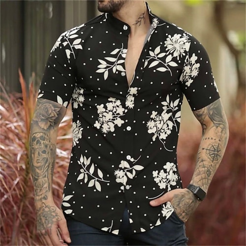 

Men's Shirt Print Leaves Stand Collar Street Casual Button-Down Short Sleeve Tops Casual Fashion Breathable Comfortable Black