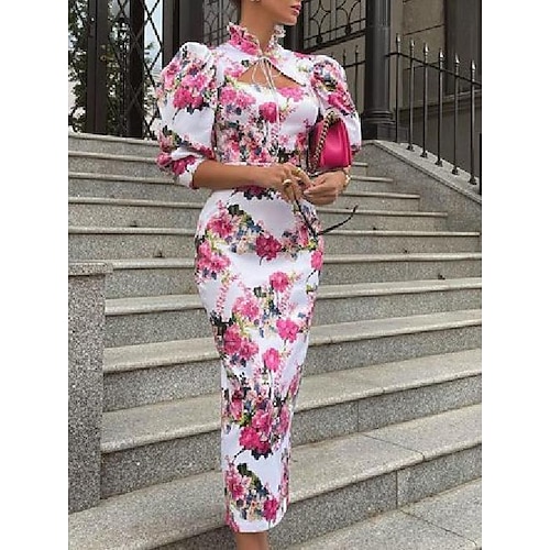 

Women's Party Dress Satin Dress Bodycon Long Dress Maxi Dress Blue Rose Long Sleeve Print Fall Spring Summer Stand Collar Party Winter Dress Fall Dress Slim 2022 S M L XL