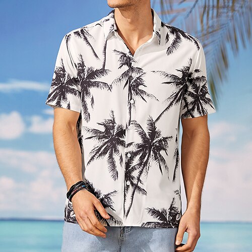 

Men's Summer Hawaiian Shirt Tree Coconut Tree Turndown Street Casual Button-Down Print Short Sleeve Tops Casual Fashion Streetwear Cool White Summer Shirt