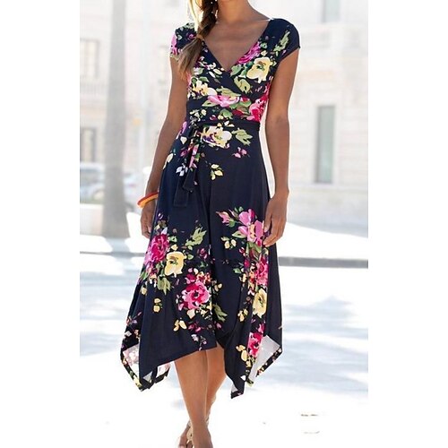 

Women's Casual Dress Midi Dress Black Short Sleeve Floral Ruched Spring Summer V Neck Weekend 2022 S M L XL XXL 3XL