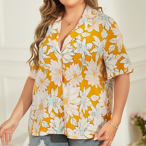 

Women's Plus Size Tops Blouse Shirt Floral Print Short Sleeve V Neck Streetwear Festival Daily Sports Polyester Spring Summer Yellow
