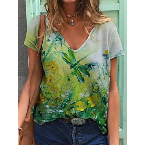 

Women's Floral Theme T shirt Graphic Flower Print V Neck Basic Tops Green Blue Light Green / 3D Print