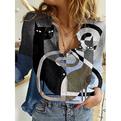 

Women's Blouse Shirt Blue Pink Khaki Cat Button Print Long Sleeve Daily Weekend Streetwear Casual Shirt Collar Regular S