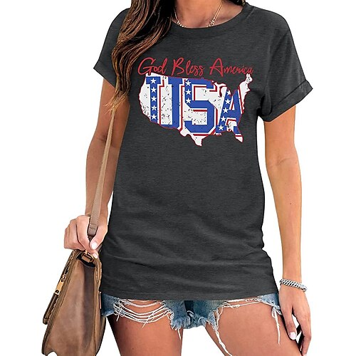 

Women's Painting T shirt Text USA Print Round Neck Basic Tops Dark Gray