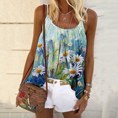 

Women's Camisole Tank Top Camis Blue Floral Print Sleeveless Daily Weekend Streetwear Casual U Neck Regular Floral S / 3D Print