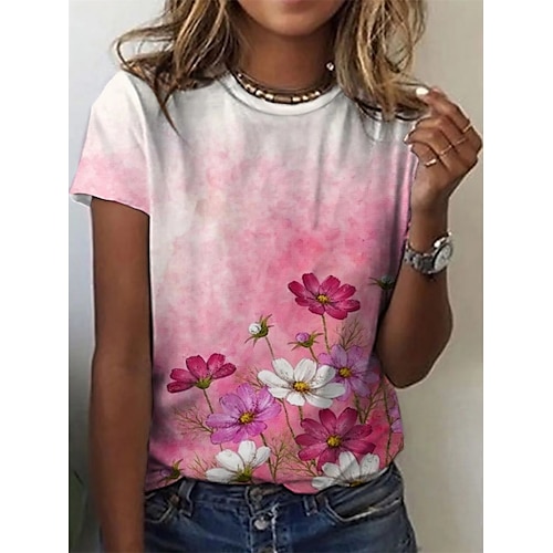 

Women's Floral Theme T shirt Floral Plants Print Round Neck Basic Tops Rainbow / 3D Print