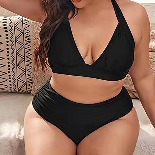 

Mujer Bañadores Bikini 2 piezas Talla Grande Traje de baño Espalda Abierta Color puro Negro Escote en V Trajes de baño nuevo Vacaciones Sensual / Moderno / Sujetador Acolchado