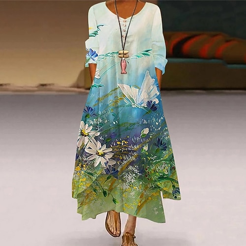 

Women's A Line Dress Maxi long Dress Blue Long Sleeve Floral Butterfly Animal Pocket Button Print Spring Summer Round Neck Elegant Casual Vacation 2022 S M L XL XXL 3XL 4XL 5XL