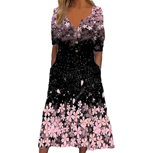 Damen A Linie Kleid Midikleid Weiß Schwarz Leicht Blau Kurzarm Blumen Schmetterling Tier Tasche Taste Bedruckt Frühling Sommer V-Ausschnitt Alltag 2022 M L XL XXL 3XL