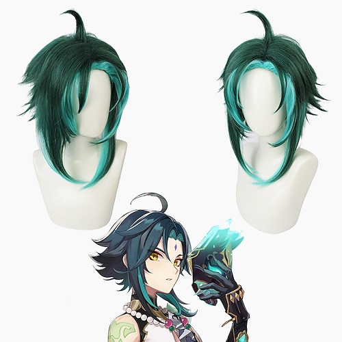 

Genshin Impact Xiao Cosplay Wigs Men's Asymmetrical 16 inch Heat Resistant Fiber Curly Green Teen Adults' Anime Wig