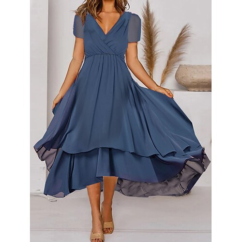 

Women's A Line Dress Midi Dress Blue Navy Blue Short Sleeve Pure Color Ruched Chiffon Spring Summer V Neck Casual 2022 S M L XL XXL 3XL