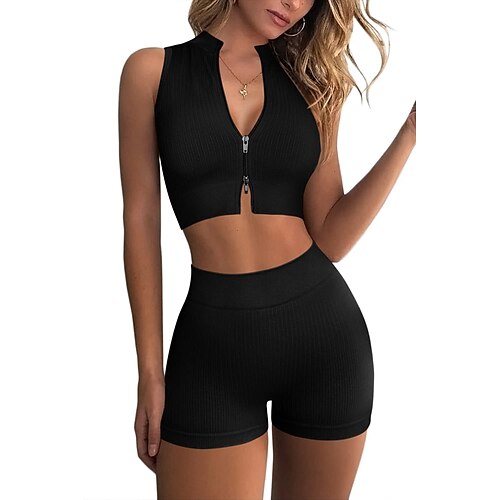 

Women's Yoga Suit 2 Piece Cropped Front Zip Solid Color Sport Athleisure Shorts Crop Top Clothing Suit Sleeveless Tummy Control Butt Lift Breathable Moisture Wicking Yoga Fitness Gym Workout Running