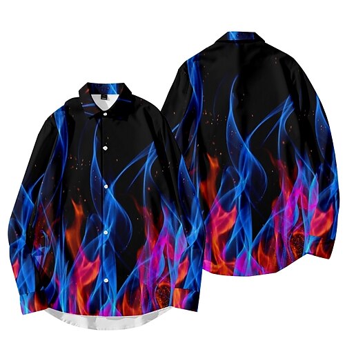 

Men's Shirt 3D Print Flame Collar Street Casual Long Sleeve Tops Fashion Vintage Classic Black