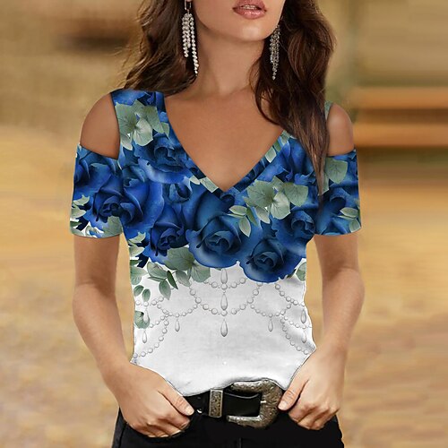 

Women's Floral Theme Painting T shirt Floral Rose Cut Out Print V Neck Basic Tops Blue Purple Orange / 3D Print