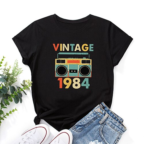 

Women's Painting T shirt Graphic Text Print Round Neck Basic Tops Green White Black