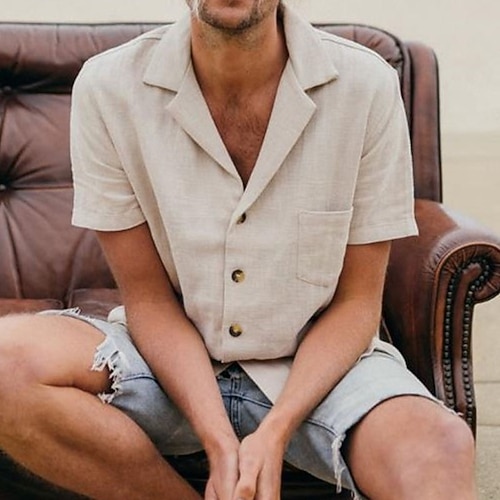 

Men's Shirt Solid Colored Turndown Street Casual Button-Down Short Sleeve Tops Casual Fashion Streetwear Cool Gray Beige