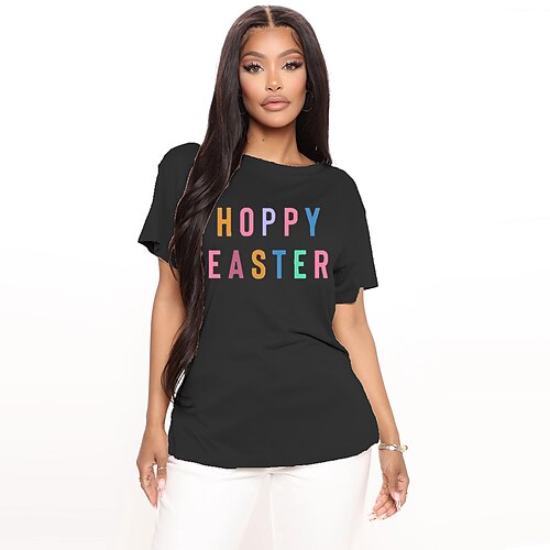 

Women's T shirt Graphic Letter Print Round Neck Basic Tops Green Blue White