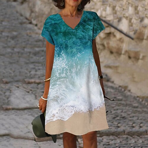 

Women's Shift Dress Knee Length Dress Blue Short Sleeve Color Gradient Print Spring Summer V Neck Stylish Casual 2022 S M L XL XXL 3XL