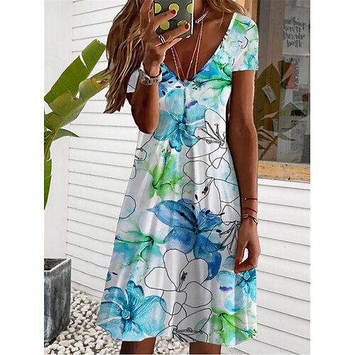 

Women's A Line Dress Knee Length Dress Green Short Sleeve Floral Patchwork Print Summer V Neck Casual Vacation 2022 S M L XL XXL / 3D Print