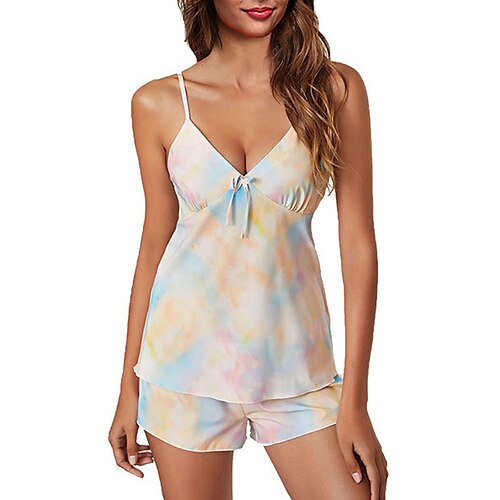 

Women's Pajamas Sets Nighty Stripe Tie Dye Comfort Sweet Home Bed Silk Straps Sleeveless Strap Top Backless Spring Summer Black Blue / Satin / Leopard / Star / V Wire
