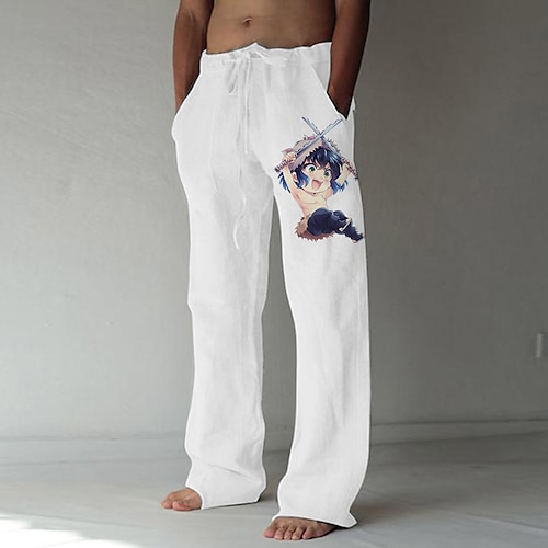 

Inspired by Demon Slayer: Kimetsu no Yaiba Inosuke Hashibira Linen Pants Straight Trousers Cotton Blend Anime Elastic Drawstring Design Front Pocket Pants For Men's