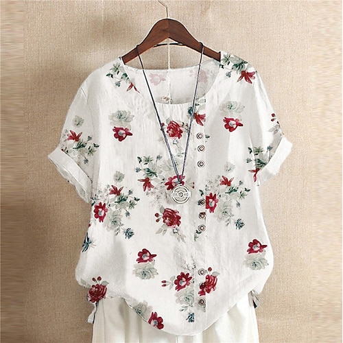 

Women's Plus Size Tops T shirt Floral Abstract Button Print Short Sleeve Crewneck Streetwear Daily Vacation Cotton Blend Spring Summer Green White