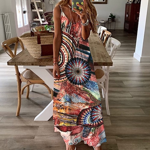 

Women's A Line Dress Maxi long Dress Brown Sleeveless Abstract Backless Print Spring Summer Spaghetti Strap Casual Vacation 2022 S M L XL