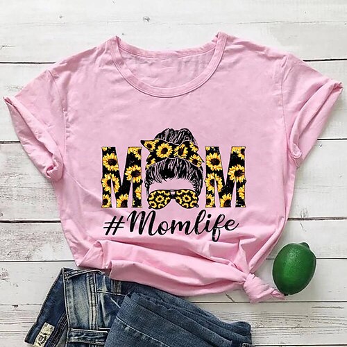 

Women's Floral Theme Painting T shirt Text Sunflower Print Round Neck Basic Tops White Gray Pink