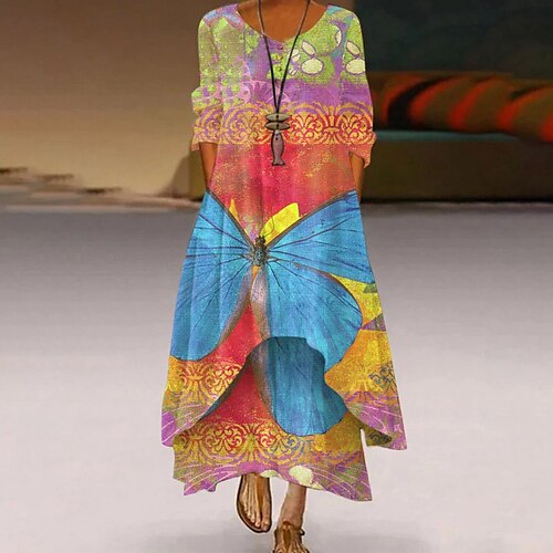 

Women's A Line Dress Midi Dress Red 3/4 Length Sleeve Floral Butterfly Animal Pocket Print Spring Summer V Neck Stylish Elegant 2022 S M L XL XXL 3XL 4XL 5XL