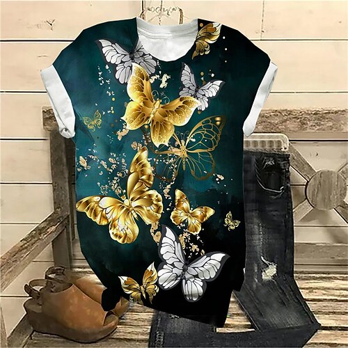 

Mujer Talla extra Tops Camiseta Mariposa Animal Estampado Manga Corta Cuello redondo Ropa de calle Diario Deportes Jersey de algodón spandex Primavera Verano Verde Trébol / Talla Grande