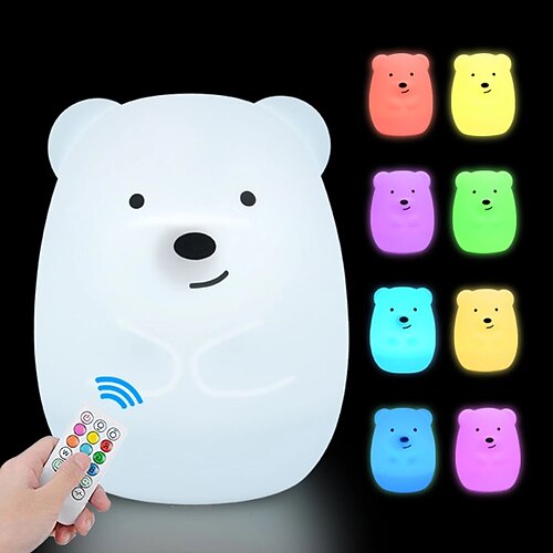

Bear Night Light Cute Nursery Light for Baby Toddler Silicone LED Lamp Remote Operated Kawaii Decor USB Rechargeable Battery 9 Available Colors Timer Auto Shutoff