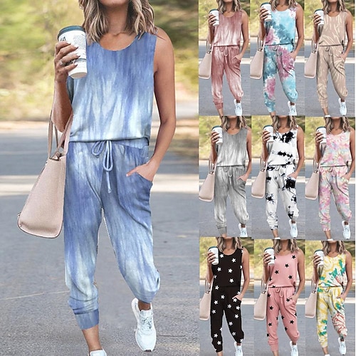 

2022 amazon cross-border european and american spring and summer women's amazon loose solid color printing sleeveless casual suit spot