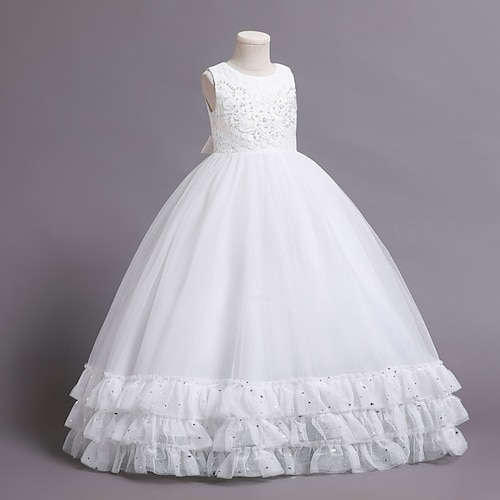

Kids Little Girls' Dress Solid Colored Tulle Dress Performance Pegeant Lace Trims White Purple Yellow Knee-length Sleeveless Beautiful Cute Dresses Children's Day Fall Spring 4-13 Years