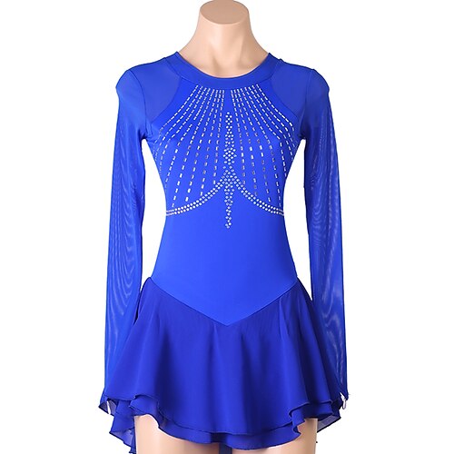 

Figure Skating Dress Women's Girls' Ice Skating Dress Royal Blue Open Back Patchwork Mesh Spandex High Elasticity Training Practice Professional Skating Wear Classic Long Sleeve Ice Skating Figure