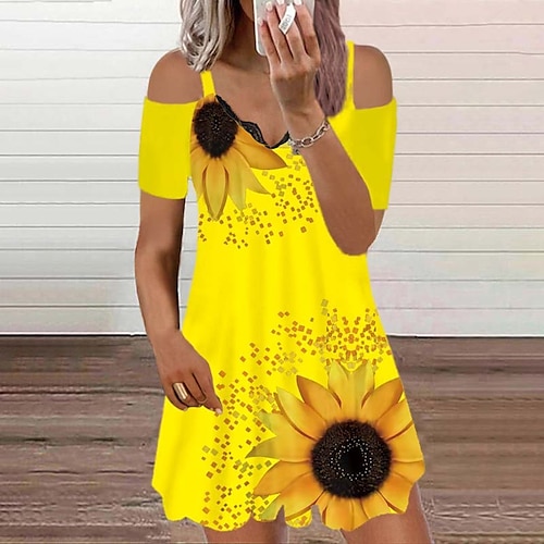 

Women's Shift Dress Knee Length Dress Blue Black Wine Navy Blue Yellow Short Sleeve Floral Print Spring Summer V Neck Casual Under 10 S M L XL XXL 3XL 4XL 5XL