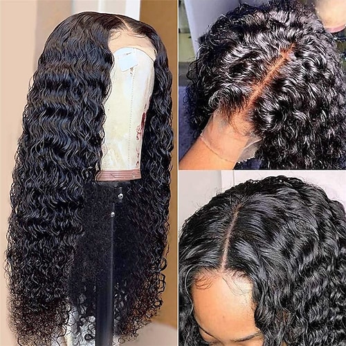 

Deep Wave Wig T Part Lace Front Wigs Human Hair Brazilian Virgin Human Hair Wigs 4X1 Lace Closure Wig For Black Women Deep Curly Pre Plucked with Baby Hair Natural Black Color 150% Density 16 Inch